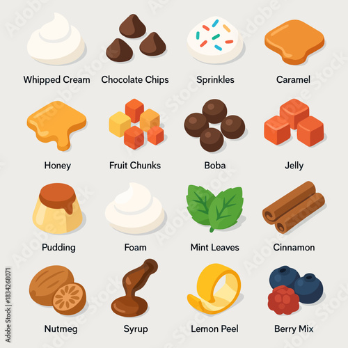 Assorted dessert toppings: whipped cream, chocolate chips, caramel, honey, cinnamon, lemon peel