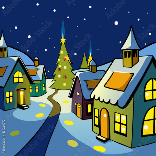 Whimsical Winter Village Scene with Christmas Tree and Snow.