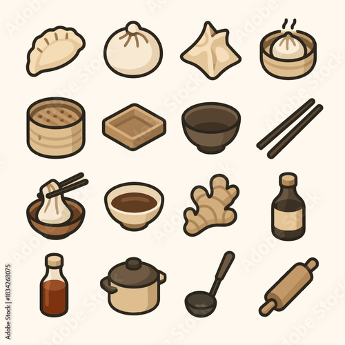 Dim sum and chinese cuisine icons: dumplings, chopsticks, ginger, sauces, rolling pin