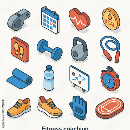 Isometric fitness icons: equipment for exercise and health tracking
