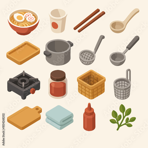 Isometric cooking utensils and ingredients for ramen preparation