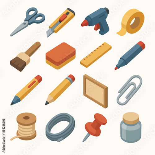 Collection of office and craft supplies isometric icons