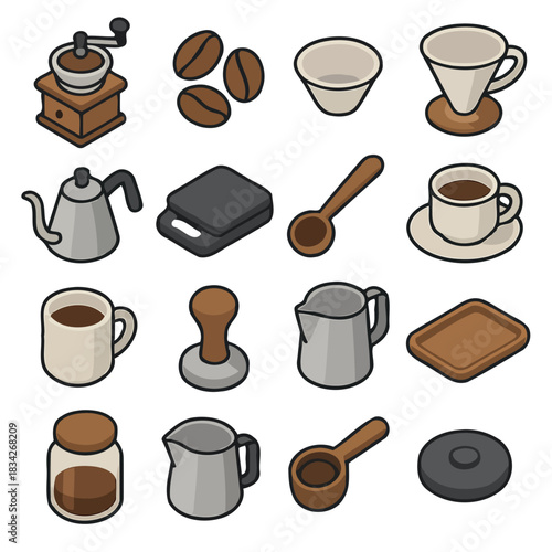 Coffee brewing tools and accessories collection with mugs and kettle