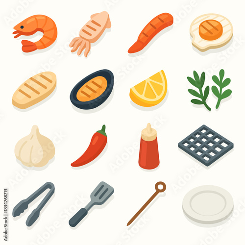 Seafood and kitchen utensils collection with grill elements and condiments