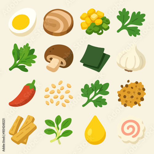 Collection of various cooking ingredients and herbs illustrated