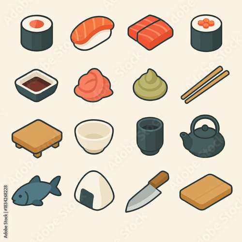 Japanese cuisine icons featuring sushi, teapot, and traditional utensils