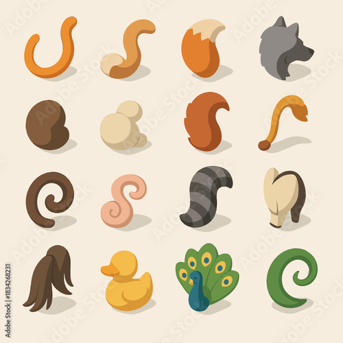 Collection of stylized animal tails in various shapes and colors against a soft background