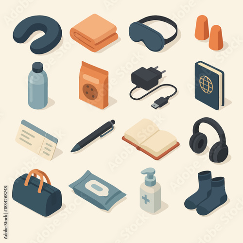 Isometric travel essentials: headphones, neck pillow, travel bag, eye mask, passport