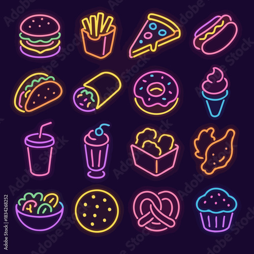 Neon icons of popular fast food items including pizza, burger, fries, and more