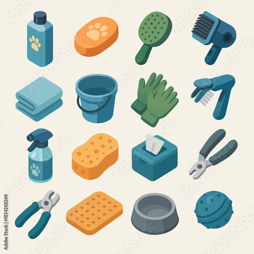 Pet grooming essentials: brushes, shampoos, towels, clippers, toys, and more in a colorful layout