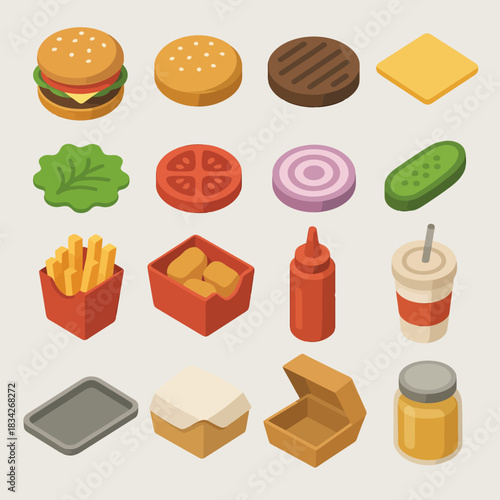Flat design fast food icons: burger, fries, drink, sauce, ingredients
