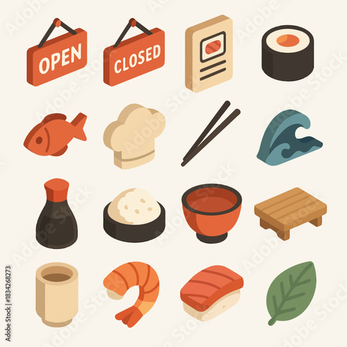 Isometric icons: sushi, fish, chopsticks, chef hat, ocean wave, signage