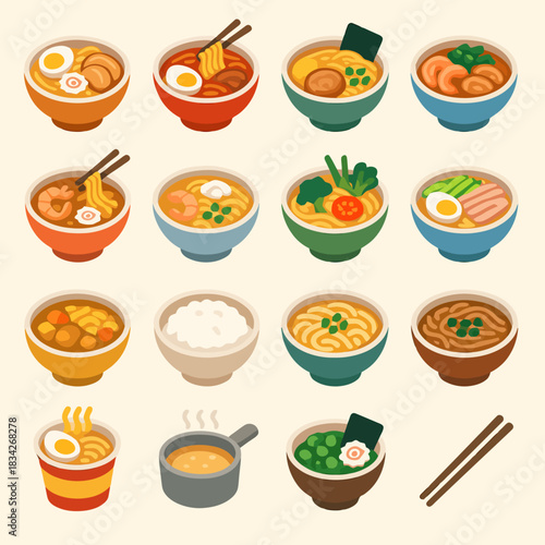 Variety of ramen and noodle bowls featuring traditional toppings