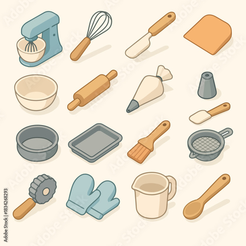 Colorful isometric baking tools collection: whisk, spatula, rolling pin, mixer, oven mitts