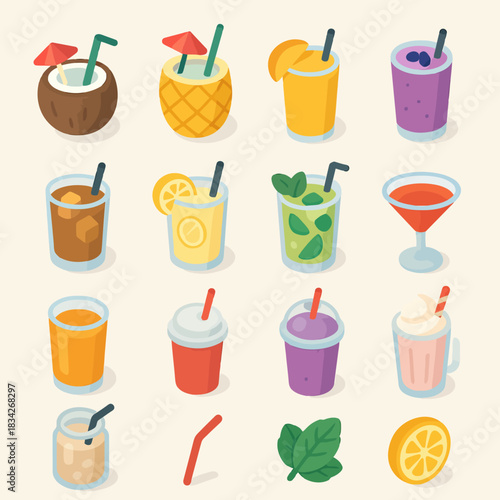Variety of colorful drinks and cocktails with straws and garnishes