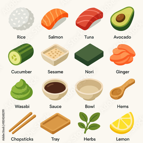 Sushi ingredients set with fish, rice, avocado, and more in flat design illustration
