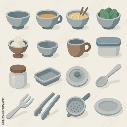 Minimalist kitchen utensils and dishware collection in soft pastel colors