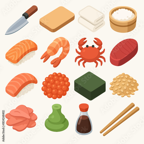 Assorted sushi ingredients: seafood, rice, and more