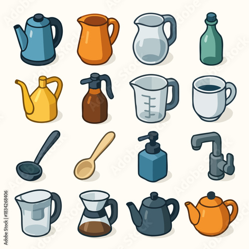 Assorted kitchen utensils and containers in various shapes and colors