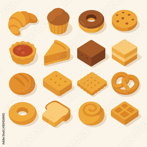 Assorted baked goods: isometric croissants, muffins, and cookies