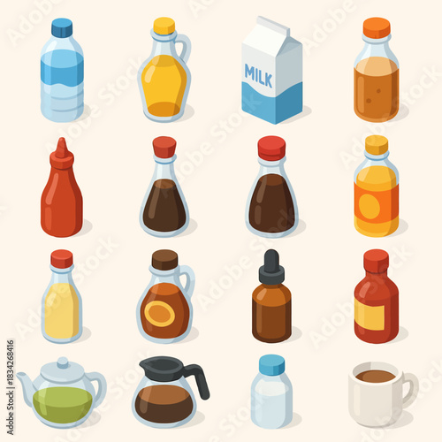 Assorted bottles and containers: milk, water, sauces, and beverages in isometric style