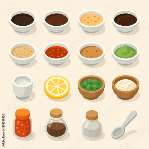 Assorted sauces and condiments in bowls with ingredients on neutral background