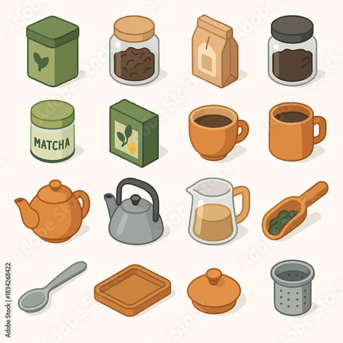 Isometric tea and coffee collection: cups, teapots, and accessories in flat design