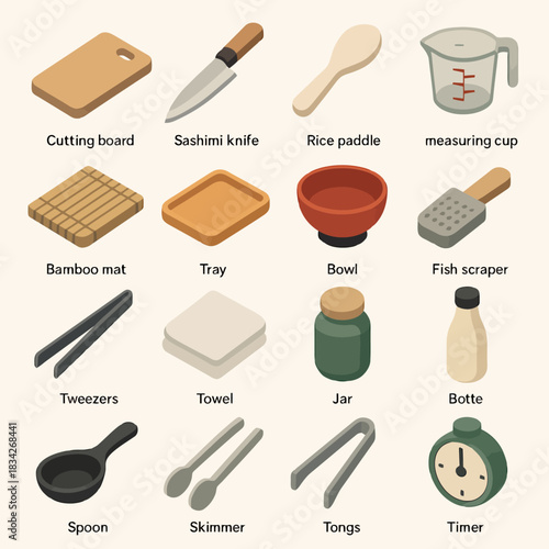 Essential kitchen tools: cutting board, sashimi knife, rice paddle, bamboo mat, measuring cup