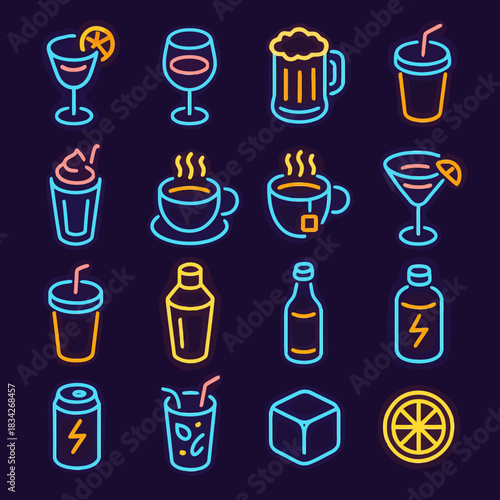 Colorful neon icons of various drinks and beverages