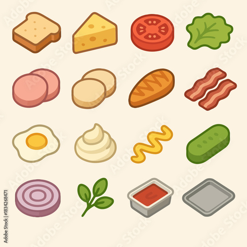 Colorful sandwich ingredients: bread, cheese, tomato, lettuce, bacon, egg, array