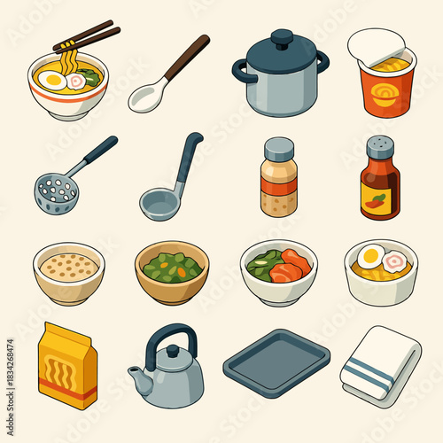 Cartoon culinary collection: ramen, cookware, and ingredients in isometric style
