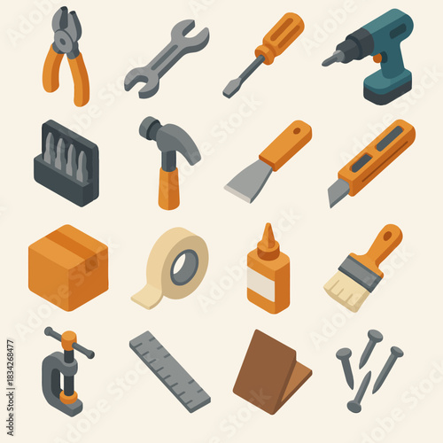 Isometric tools collection with screwdriver, hammer, drill, and more essential diy items