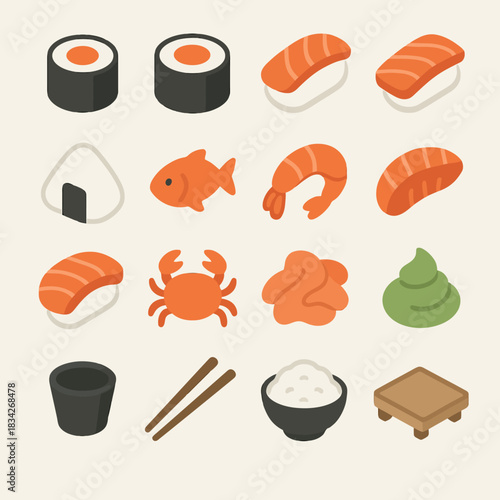 Colorful isometric sushi and seafood icons set on light background