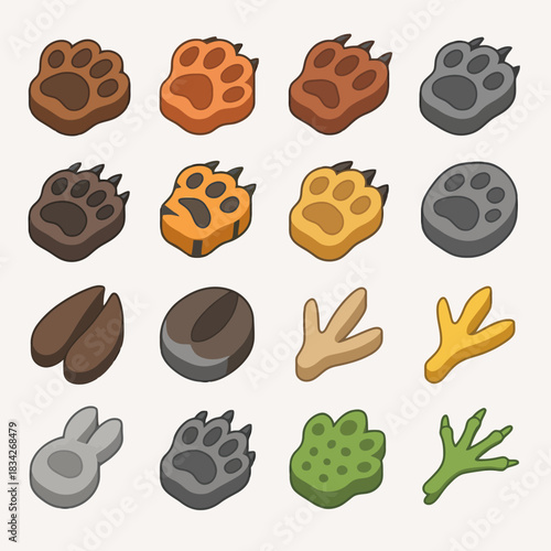 Illustrated animal paw prints and footprints collection in various shapes and colors