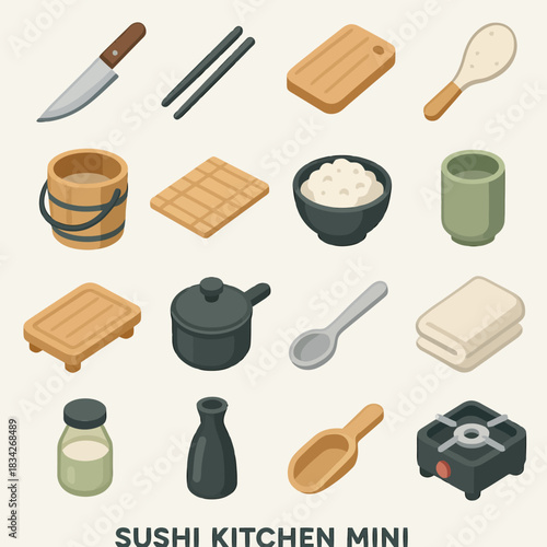 Collection of traditional sushi kitchen utensils and tools