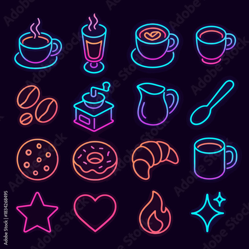 Neon coffee icons set with cups, beans, and snacks on dark background