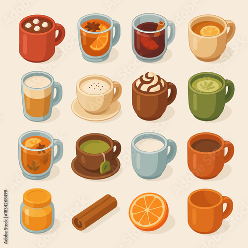 Assorted hot beverages: coffee, tea, and cocoa cups with ingredients