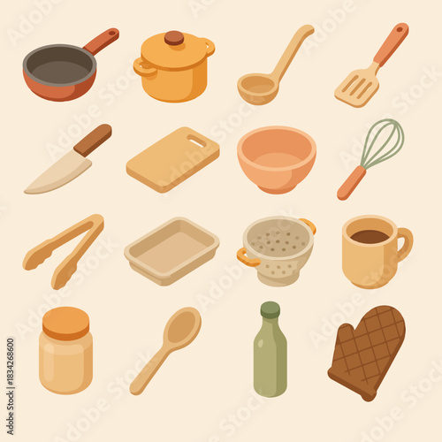 Collection of kitchen utensils and cookware in neutral tones