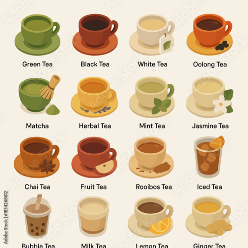 Types of tea: green, black, white, oolong, matcha, herbal, mint, jasmine, chai, fruit, rooibos, iced, bubble, milk, lemon, ginger