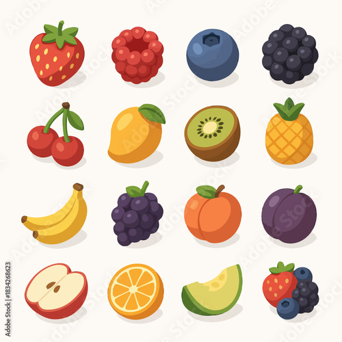 Colorful array of various cartoon fruits in grid layout