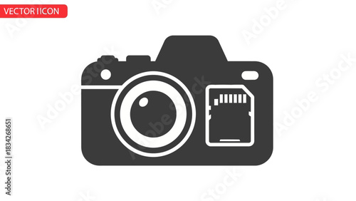 Gray and white icon depicting a camera with a prominent lens and an inserted SD memory card