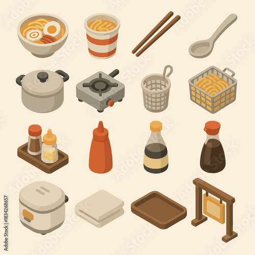 Isometric japanese ramen elements and kitchen essentials collection