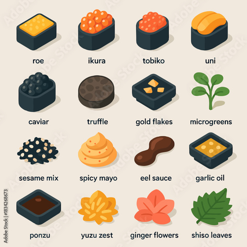 Assorted sushi toppings: roe, ikura, tobiko, and uni with garnishes