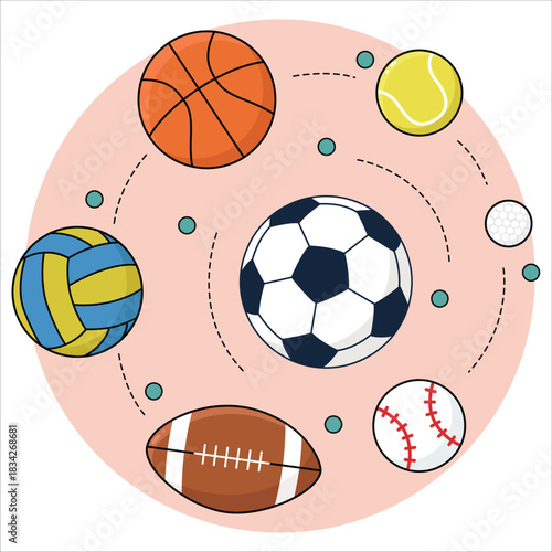 A collection of various sports balls like soccer, basketball, tennis, volleyball, rugby, and baseball
