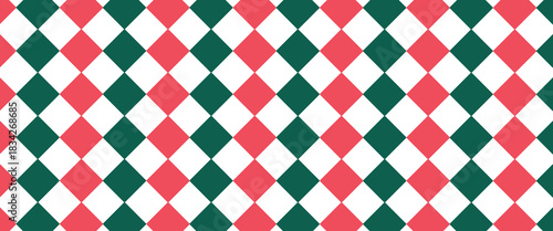 Christmas rhombus seamless pattern. Red and green xmas plaid texture with gold line. Argyle geometric diamond pattern. Christmas abstract wrapping bg. Vector illustration isolated on white background.