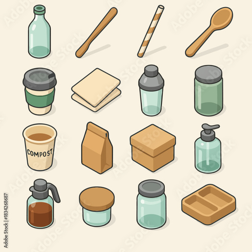 Collection of sustainable eco-friendly reusable kitchen and dining items