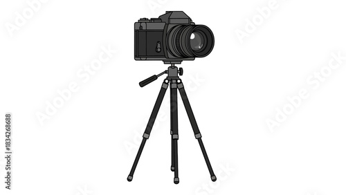 Grayscale drawing of a camera mounted on a tripod against a white background