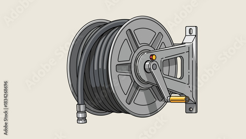 Gray manual hose reel mounted against a light beige background
