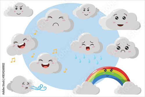 Cartoon clouds showing various weather expressions: sun, rain, wind, smiling, and frowning