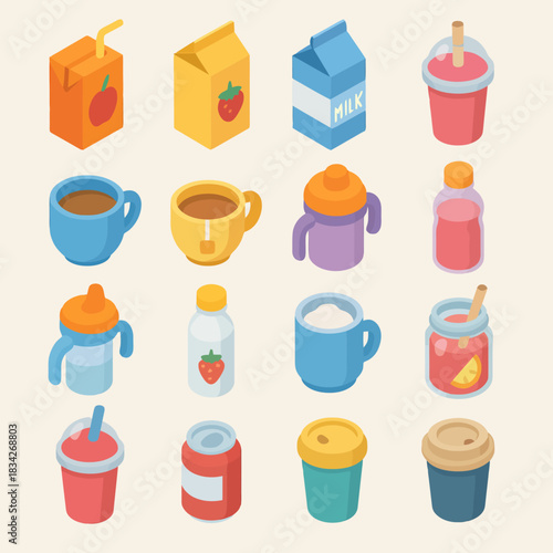 Colorful variety of beverage containers and drinks in isometric view